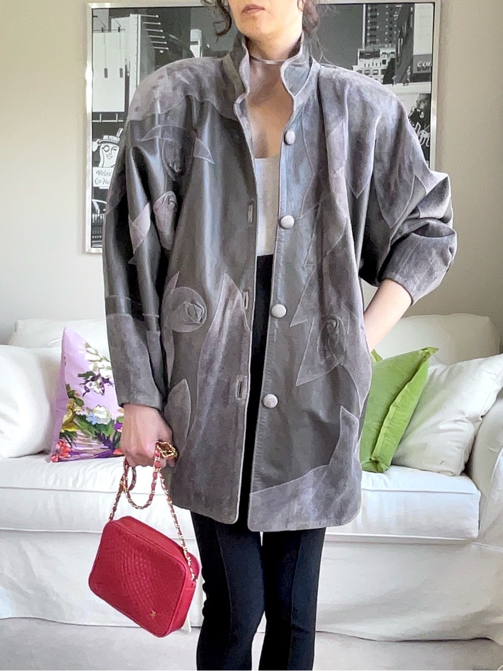 Vintage suede applique and rosette leather jacket
